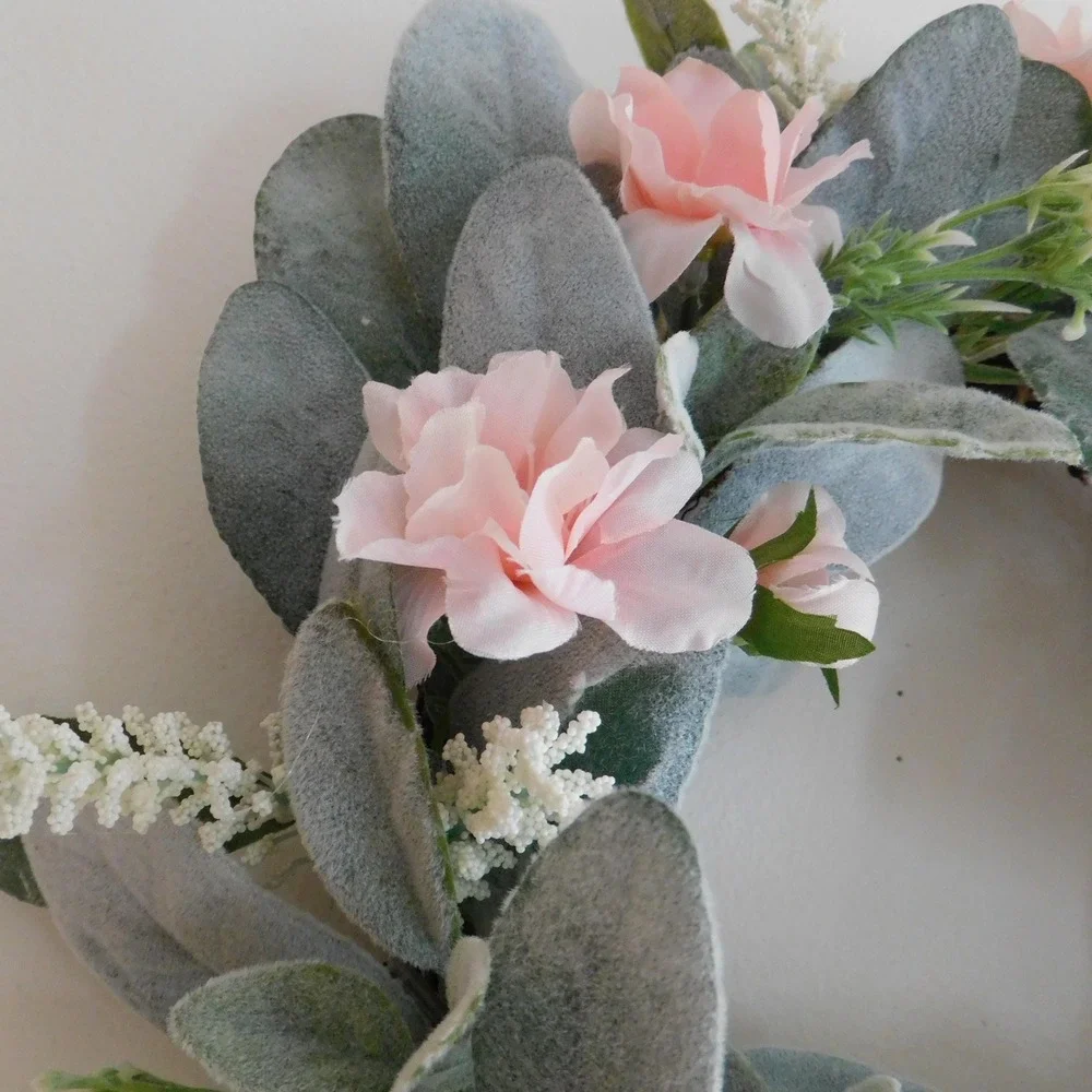 Artificial Lambs‎ Ear Wreath with pink Camilla 13 Inch Diameter Candle Ring